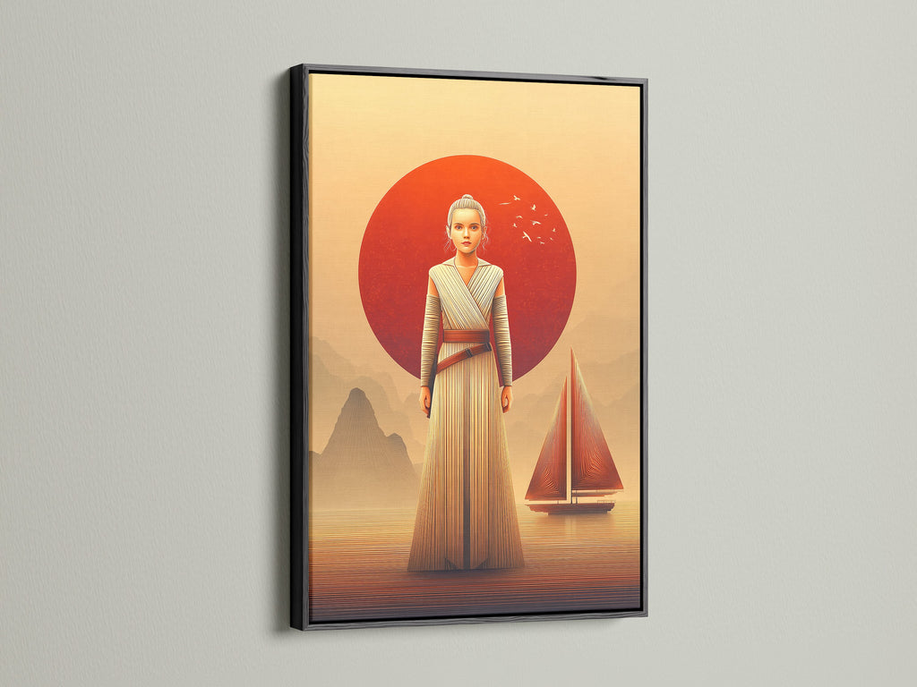 Rey Star Wars artwork with a black frame. The black frame adds a bold contrast. This movie canvas print makes a statement. A great addition to your space art prints collection. This piece is perfect for geek wall decor.