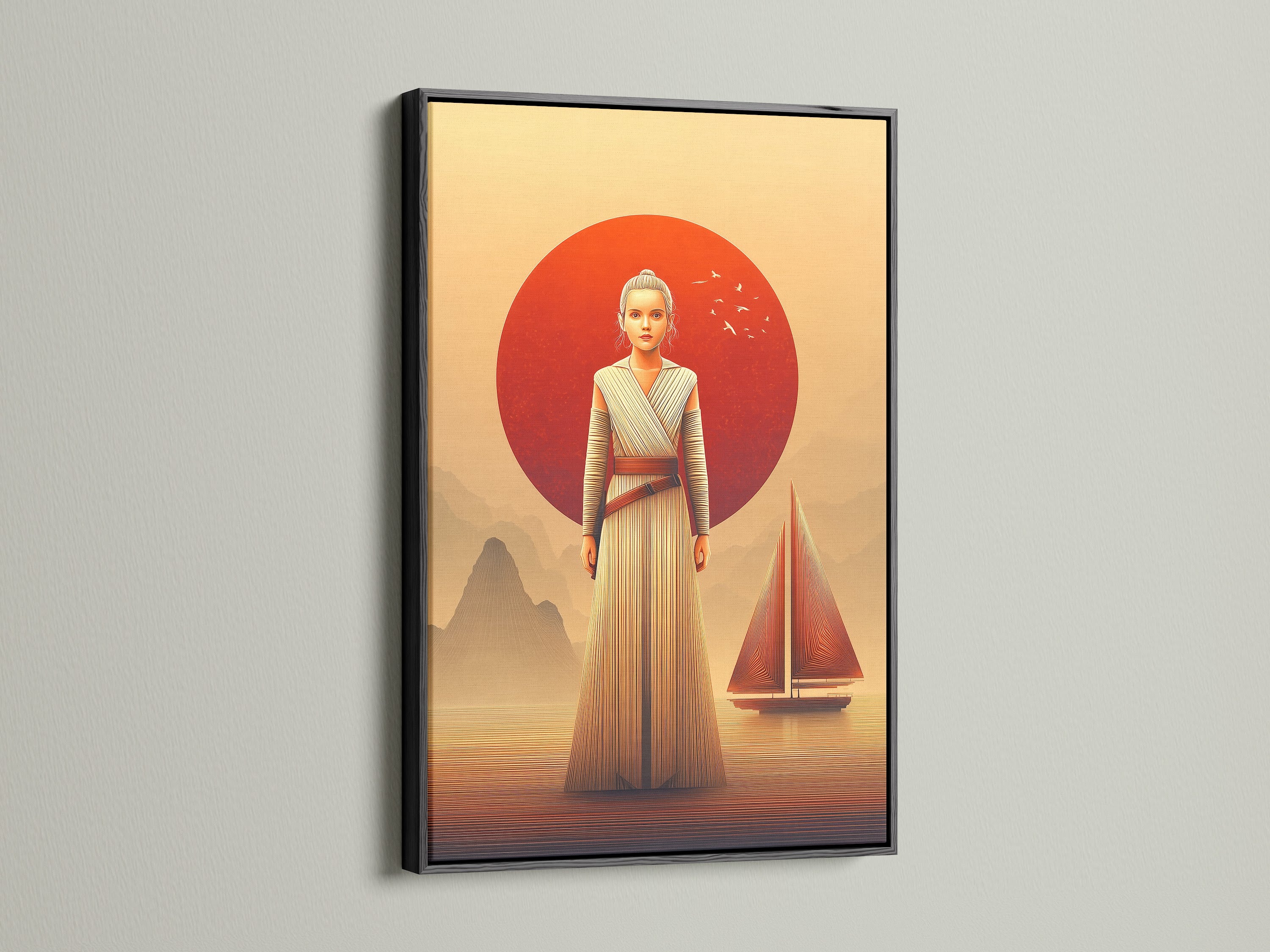 Rey Star Wars artwork with a black frame. The black frame adds a bold contrast. This movie canvas print makes a statement. A great addition to your space art prints collection. This piece is perfect for geek wall decor.
