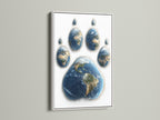 White frame displaying a creative artwork. A paw print made of Earths is featured. The white frame offers a clean and modern aesthetic. This artwork adds a fresh and contemporary feel to any space. The contrast between the artwork and frame is striking. Ideal for minimalist interiors.