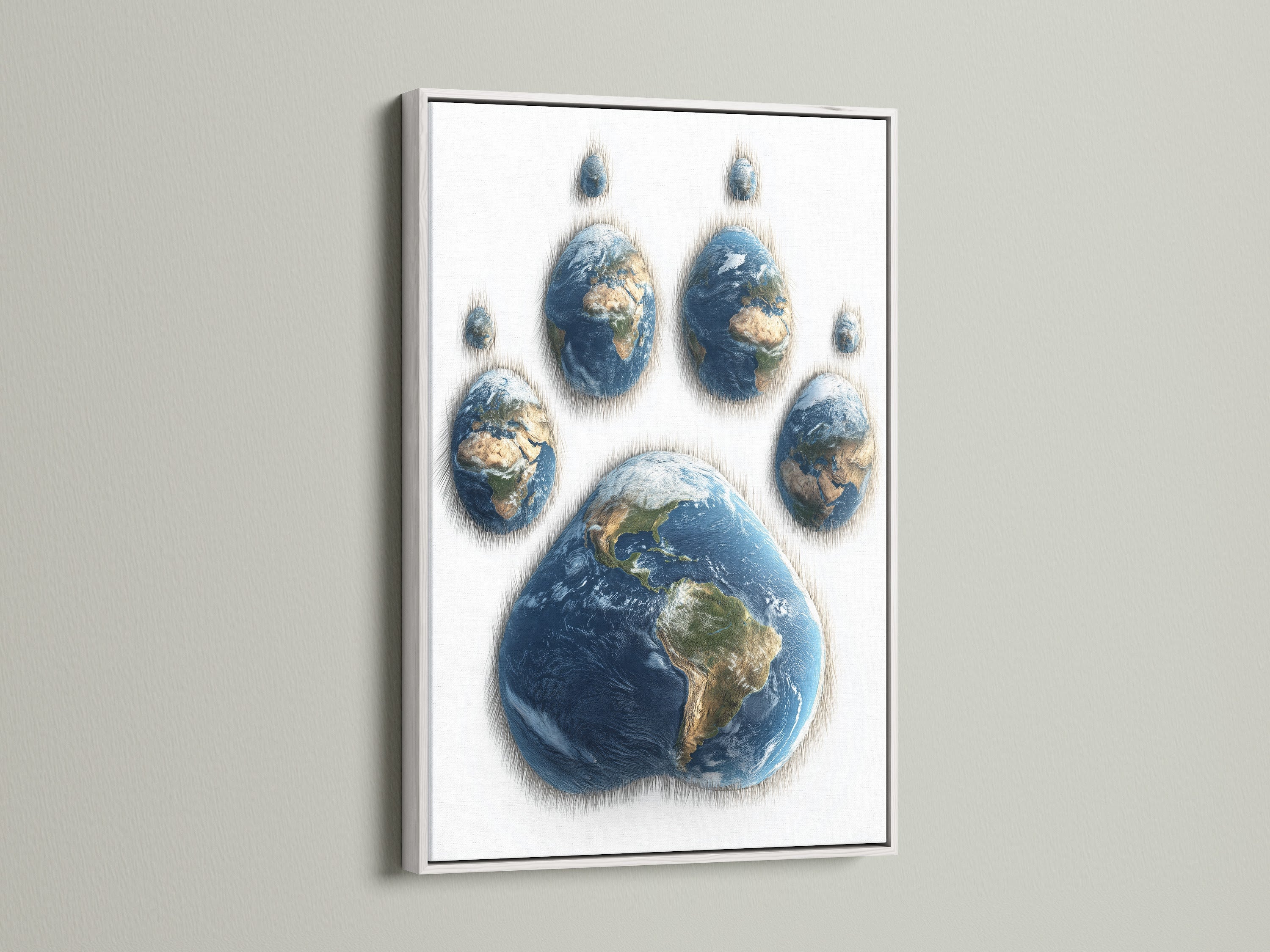 White frame displaying a creative artwork. A paw print made of Earths is featured. The white frame offers a clean and modern aesthetic. This artwork adds a fresh and contemporary feel to any space. The contrast between the artwork and frame is striking. Ideal for minimalist interiors.