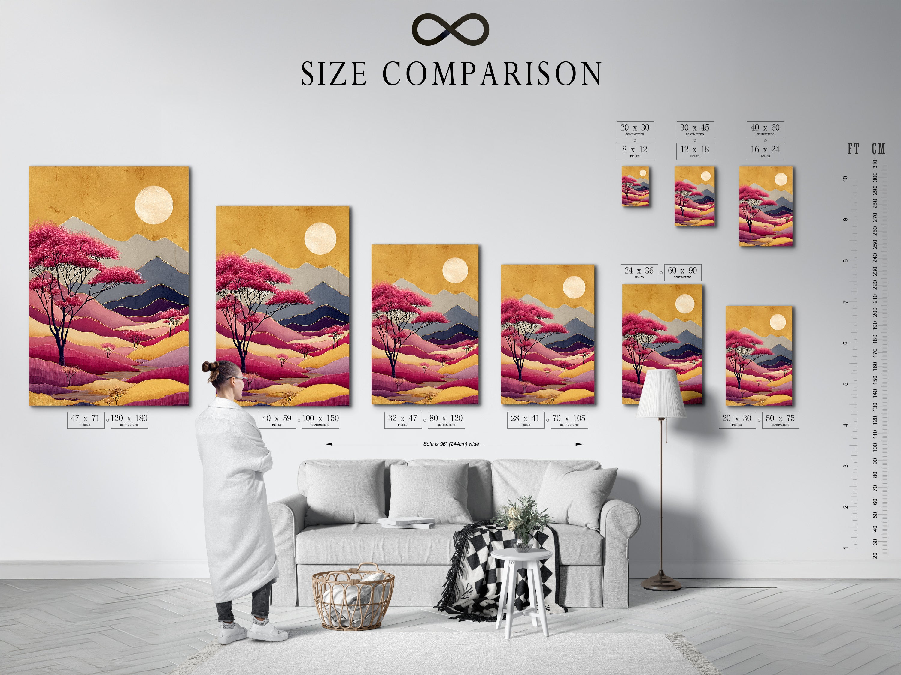 Size comparison chart for artwork in an interior setting. See how abstract mountain artwork fits your space. The pink purple landscape looks great in any room. Modern wall decor complements minimalist styles. Ideal for bedroom or living room.