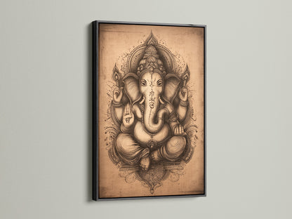 Ganesha Wall Art in a sleek black frame. This vintage Hindu canvas print of the Elephant God creates a focal point. It is perfect for spiritual wall decor in your meditation room. A sophisticated artwork.