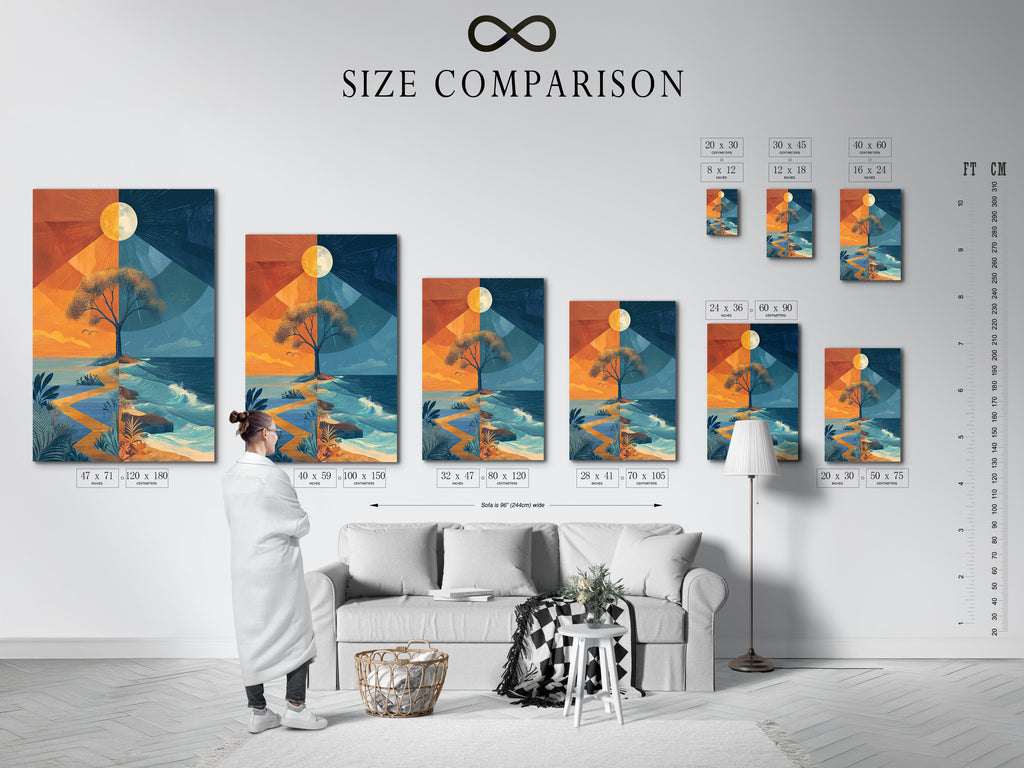 A size comparison chart is displayed in an interior setting. This chart helps you visualize the perfect size for your surreal tree art. Choose from various options to suit your space. Perfect for modern wall art and abstract landscapes.