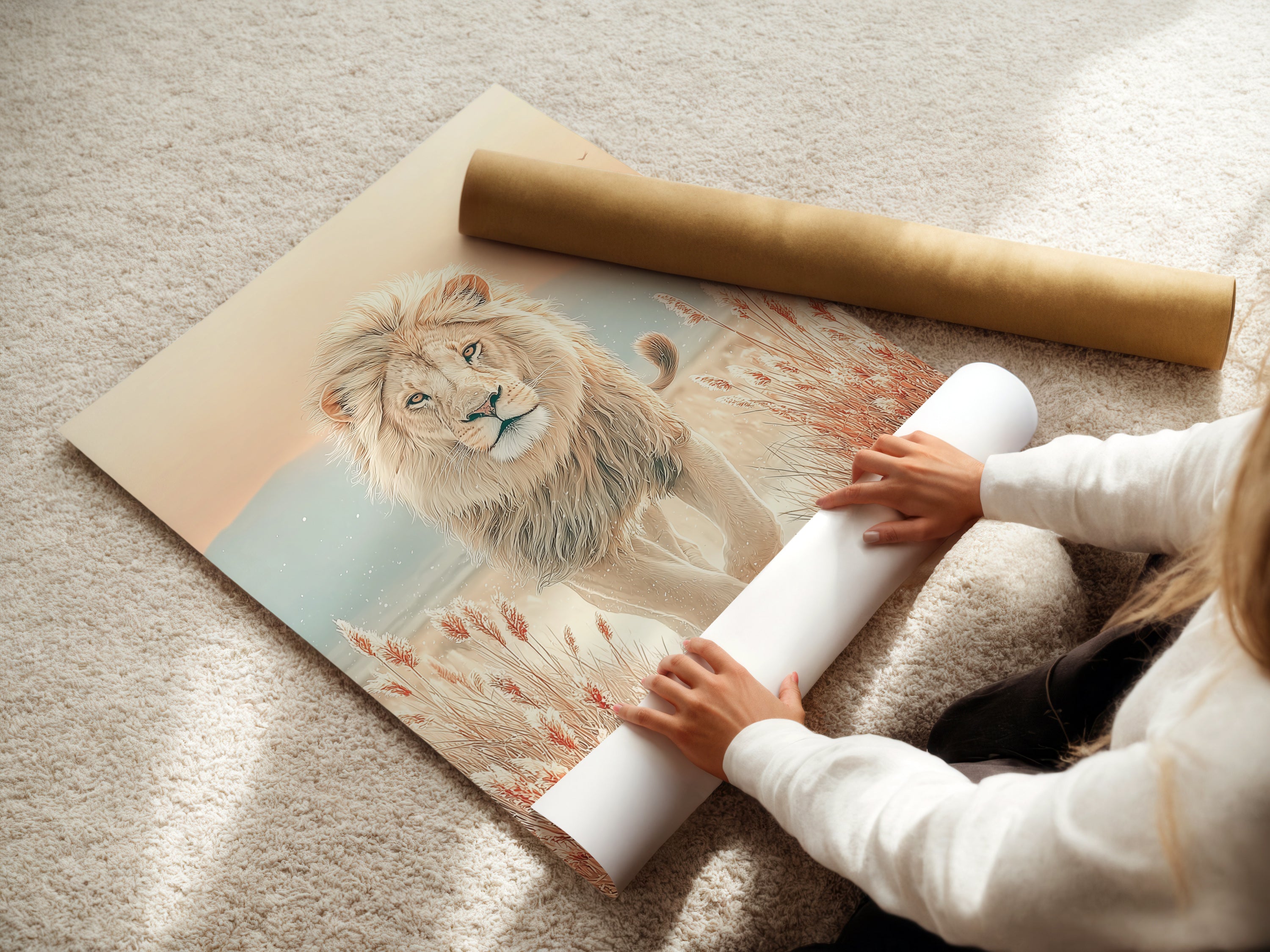 A woman carefully rolls a fine art poster paper. This is a high quality print of a beige lion. Perfect for framing or displaying as is. A great choice for nature artwork lovers.