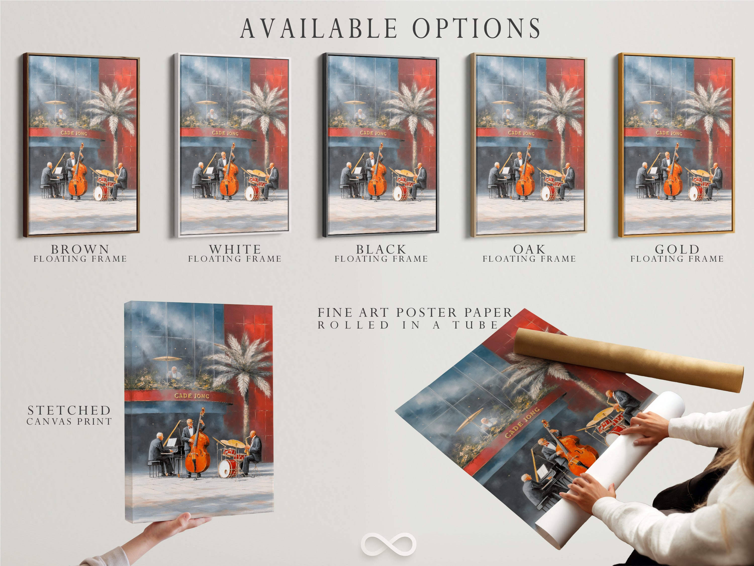 Explore available options: stretched canvas print fine art poster paper and floating frame. The jazz band artwork offers versatile display choices. This New Orleans music art suits any decor style. Choose the perfect format for your vintage wall art. Get your musical artwork now.