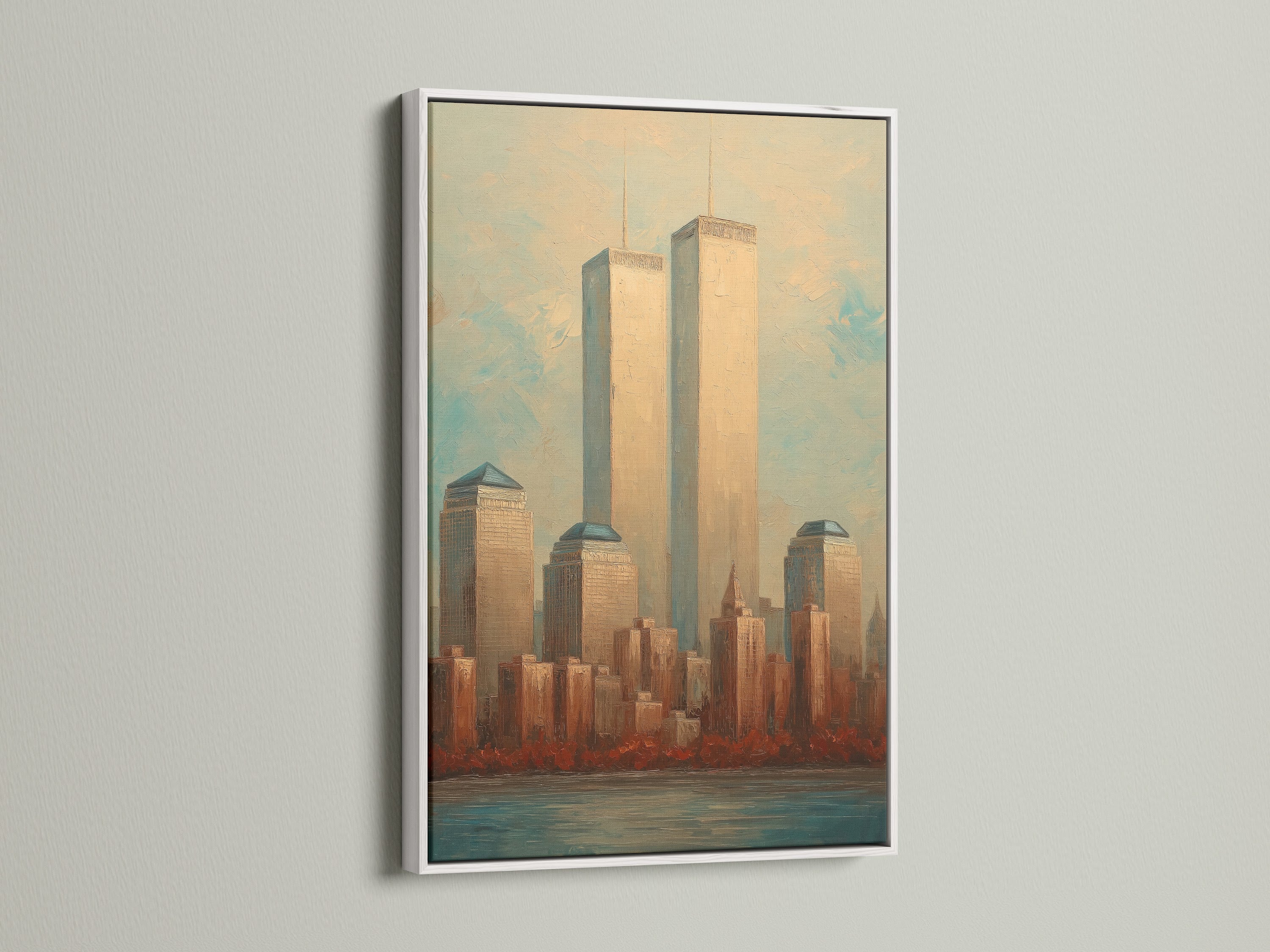 The NYC Skyline artwork of the Twin Towers in a white frame. A clean modern look for this vintage Manhattan cityscape. White frame offers a minimalist touch. Ideal for contemporary spaces and office wall decor.