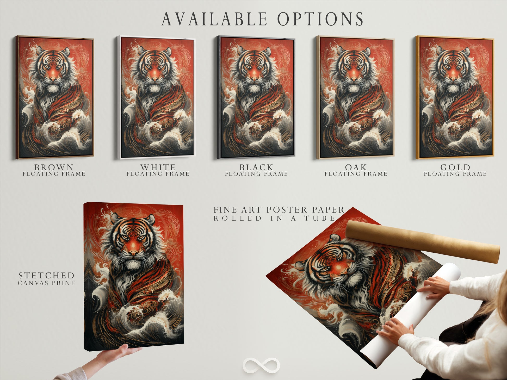 Explore the available options for our tiger art print. Choose from stretched canvas fine art poster paper or a floating frame. This Asian inspired artwork is customizable to your style. The Japanese style tiger art is perfect for any decor. Select the best option for your space.