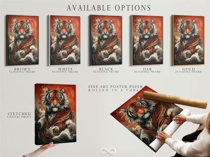 Explore the available options for our tiger art print. Choose from stretched canvas fine art poster paper or a floating frame. This Asian inspired artwork is customizable to your style. The Japanese style tiger art is perfect for any decor. Select the best option for your space.