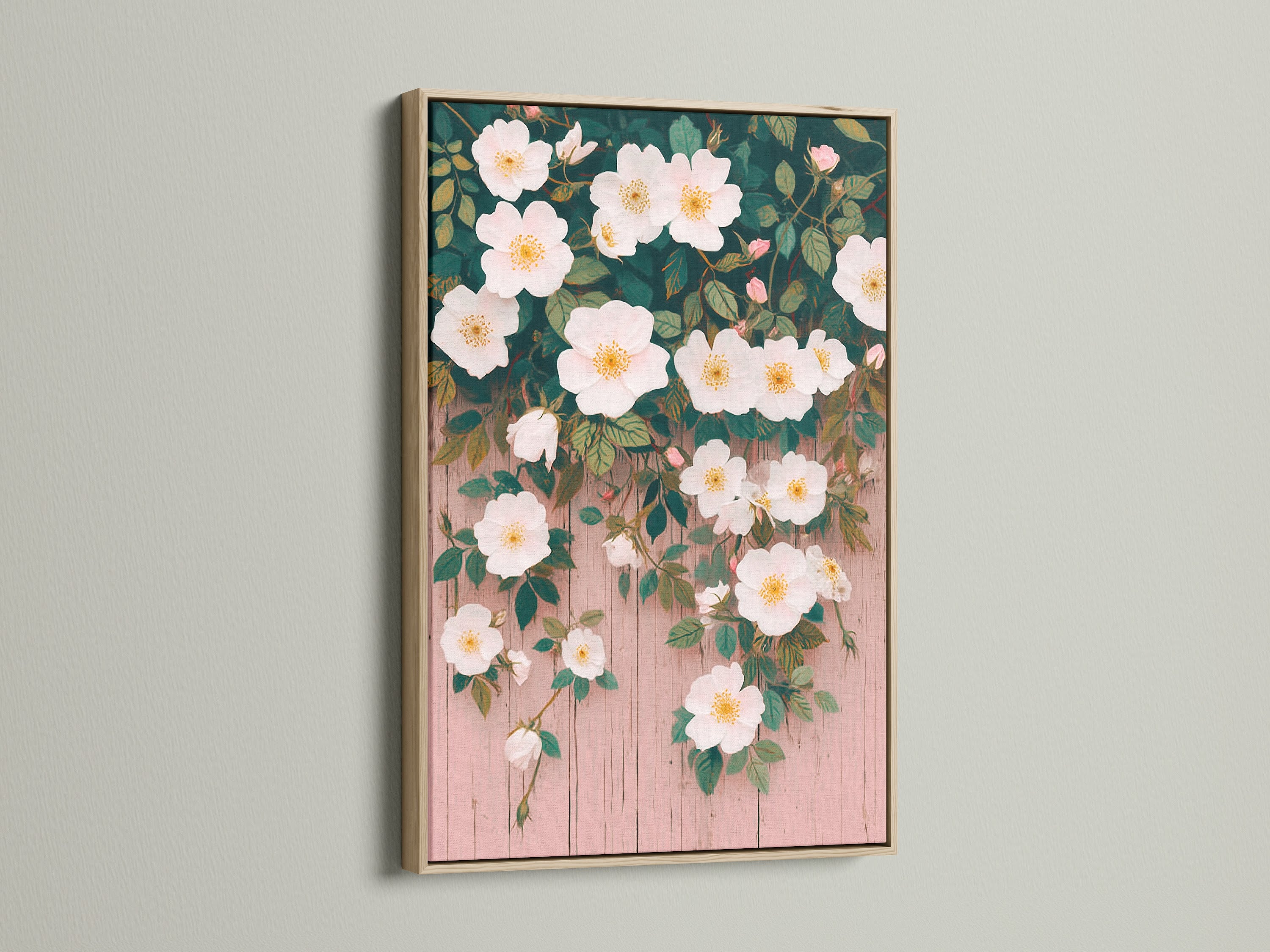 A close-up showcases a framed floral artwork. The white flowers and botanical details stand out. The artwork is framed with an oak finish. This flower canvas art brings a vintage style to your home. Perfect for farmhouse wall decor.