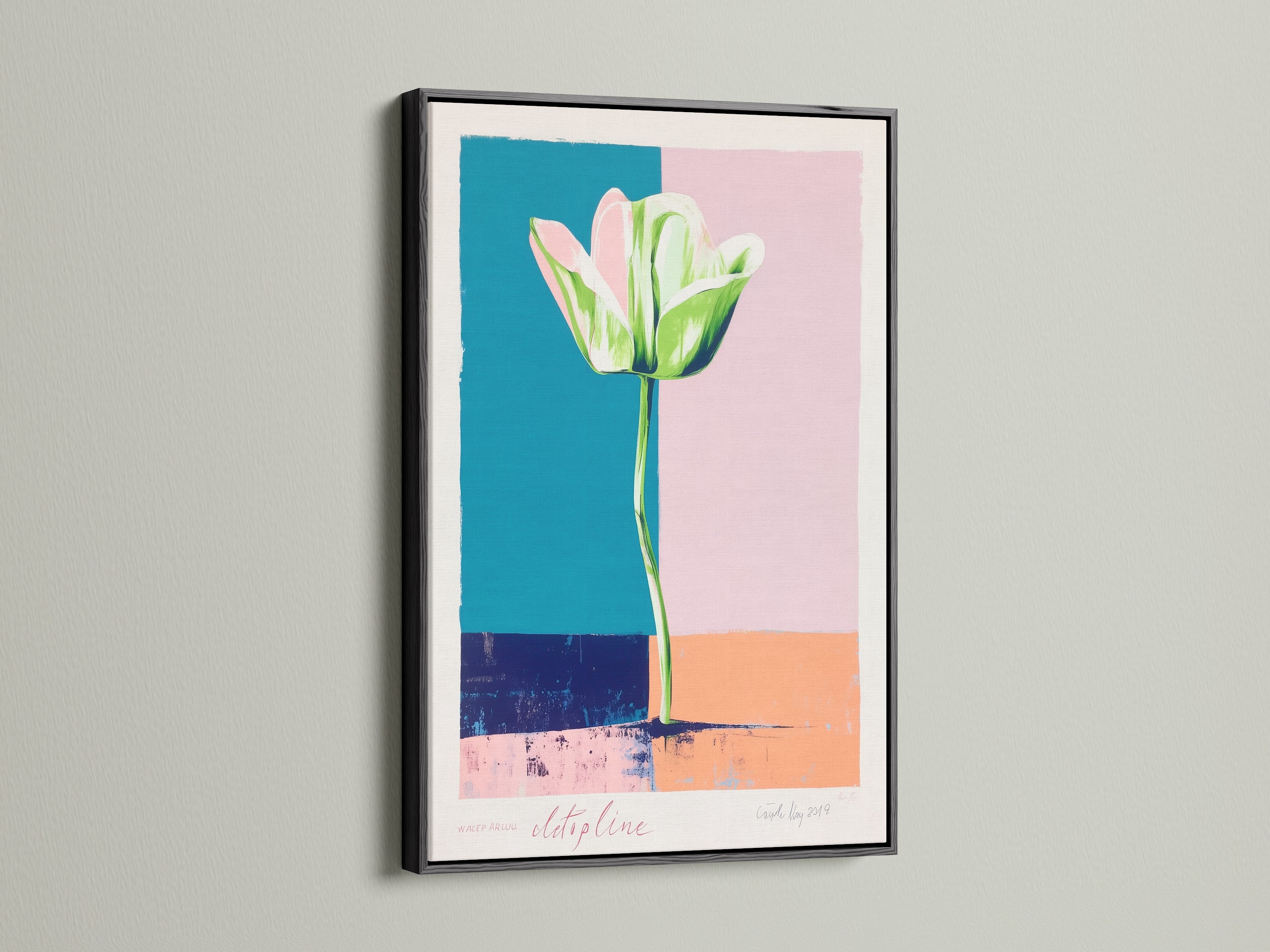 This abstract tulip art print is elegantly framed in black. The dark frame contrasts beautifully with the light pastel colors. This floral canvas print makes a bold statement. Perfect for a modern minimalist decor style.