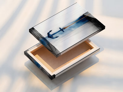 Stretched canvas print of anchor nautical artwork. The navy blue ocean theme complements minimalist Scandinavian and nautical styles. Perfect for homeowners renters and interior designers. Ideal for bathroom living room bedroom or home offices. Discover the perfect addition to your decor.