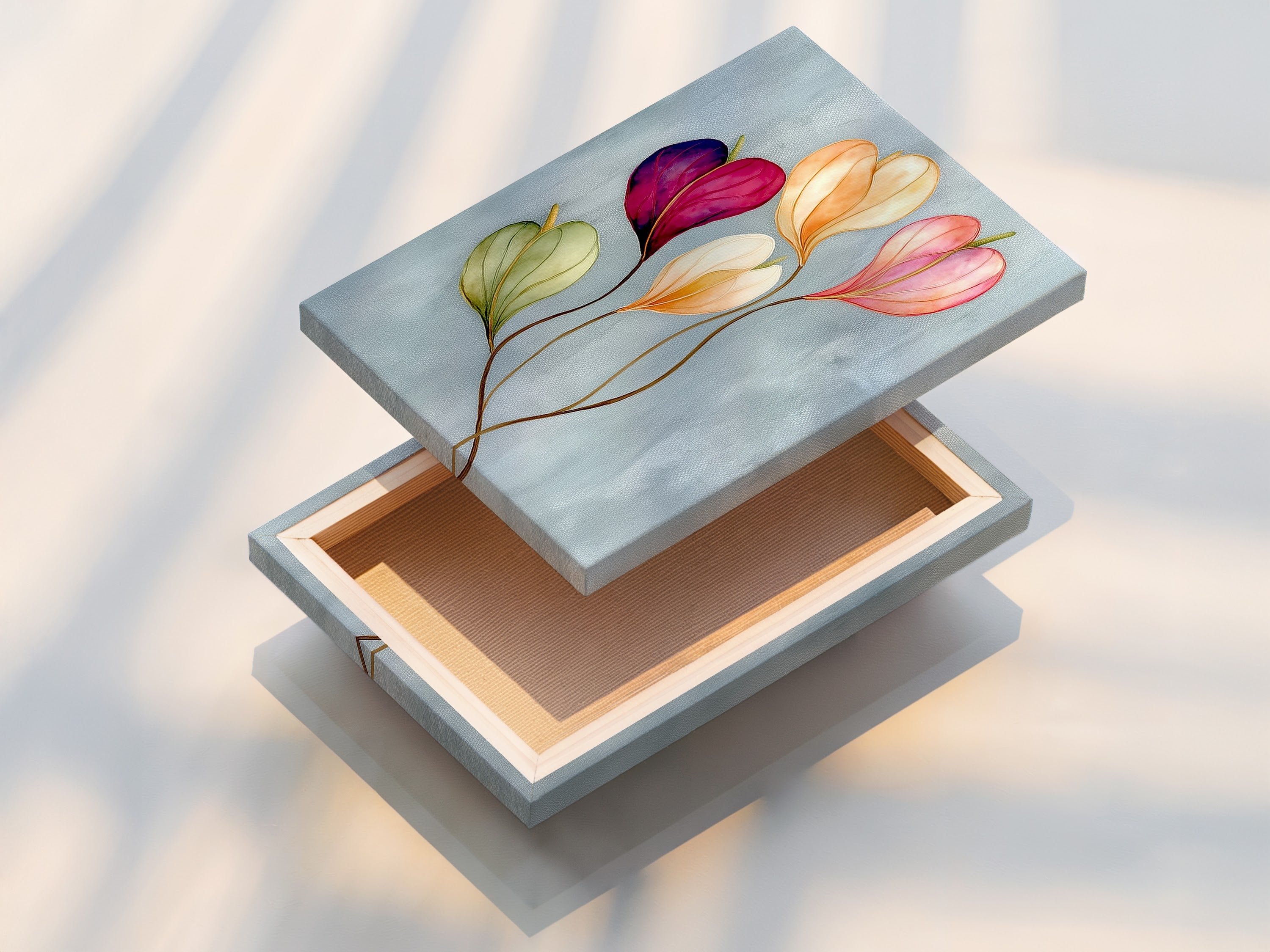 A stretched canvas print is displayed. The floral watercolor artwork is vibrant. Perfect for modern interiors. This botanical canvas enhances any room. The pastel flower art is ideal for spring decor and those who appreciate feminine art. It is a sophisticated touch.