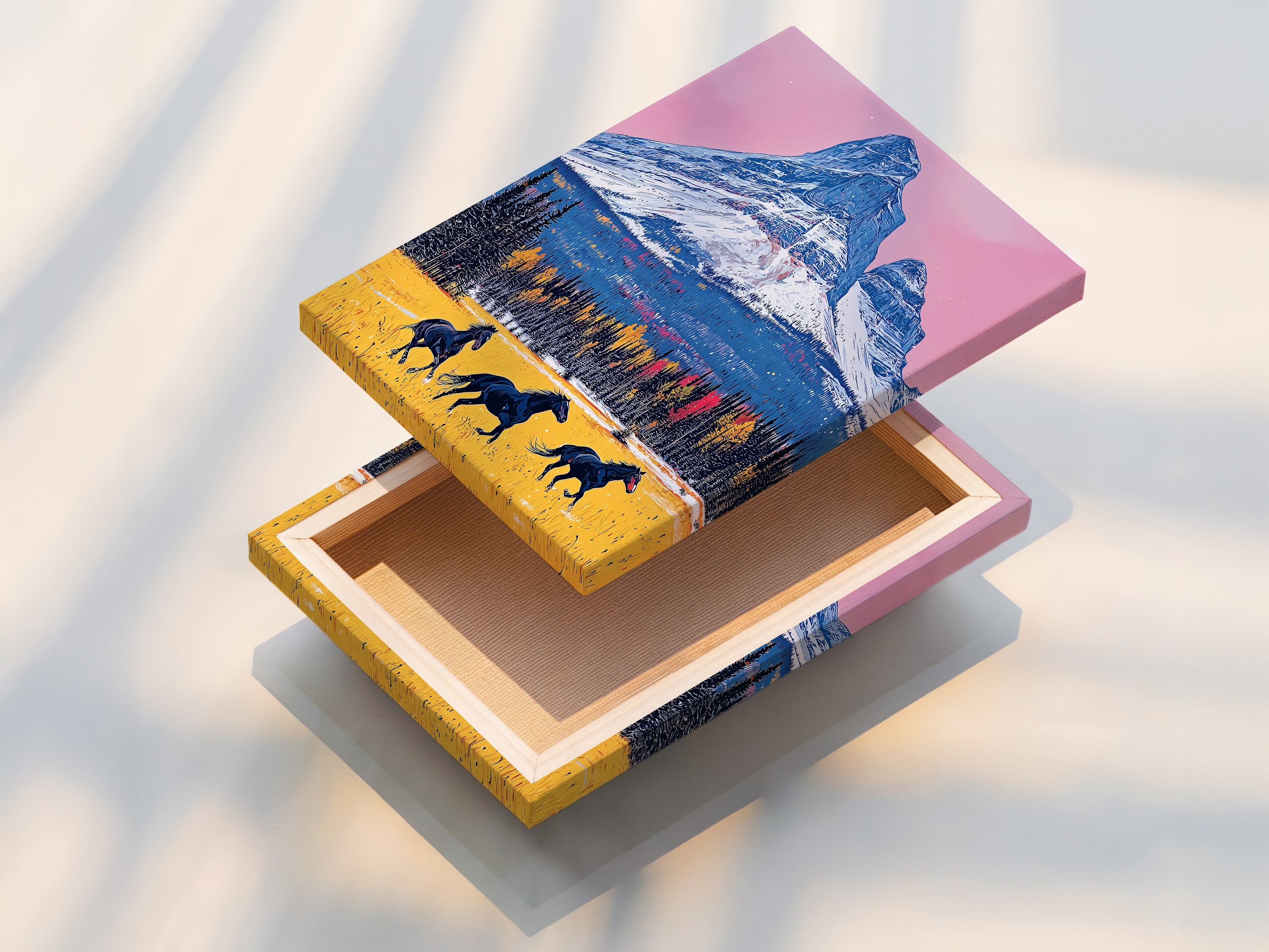 This is a stretched canvas print of the mountain horse artwork. The canvas print is ready to hang. It adds a touch of rustic charm to any room. Perfect for living room or bedroom wall decor. Enjoy the vivid colors of this landscape canvas. This is the perfect western wall decor.