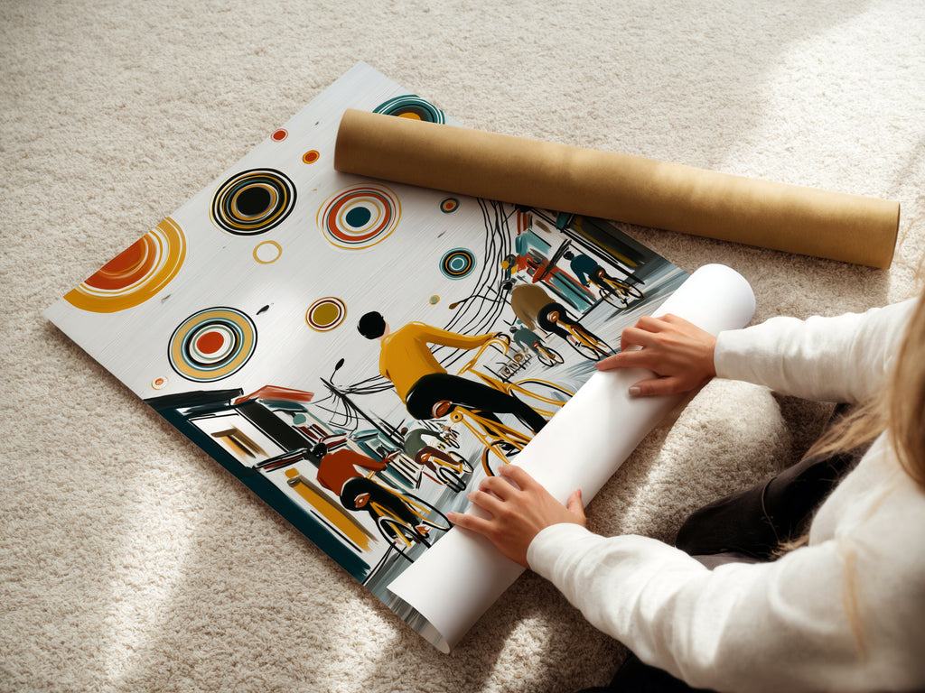 A woman carefully rolls a fine art poster paper. The paper features the City Cyclists artwork. This allows for safe and easy handling. Perfect for framing or displaying as is. Ideal for art enthusiasts.