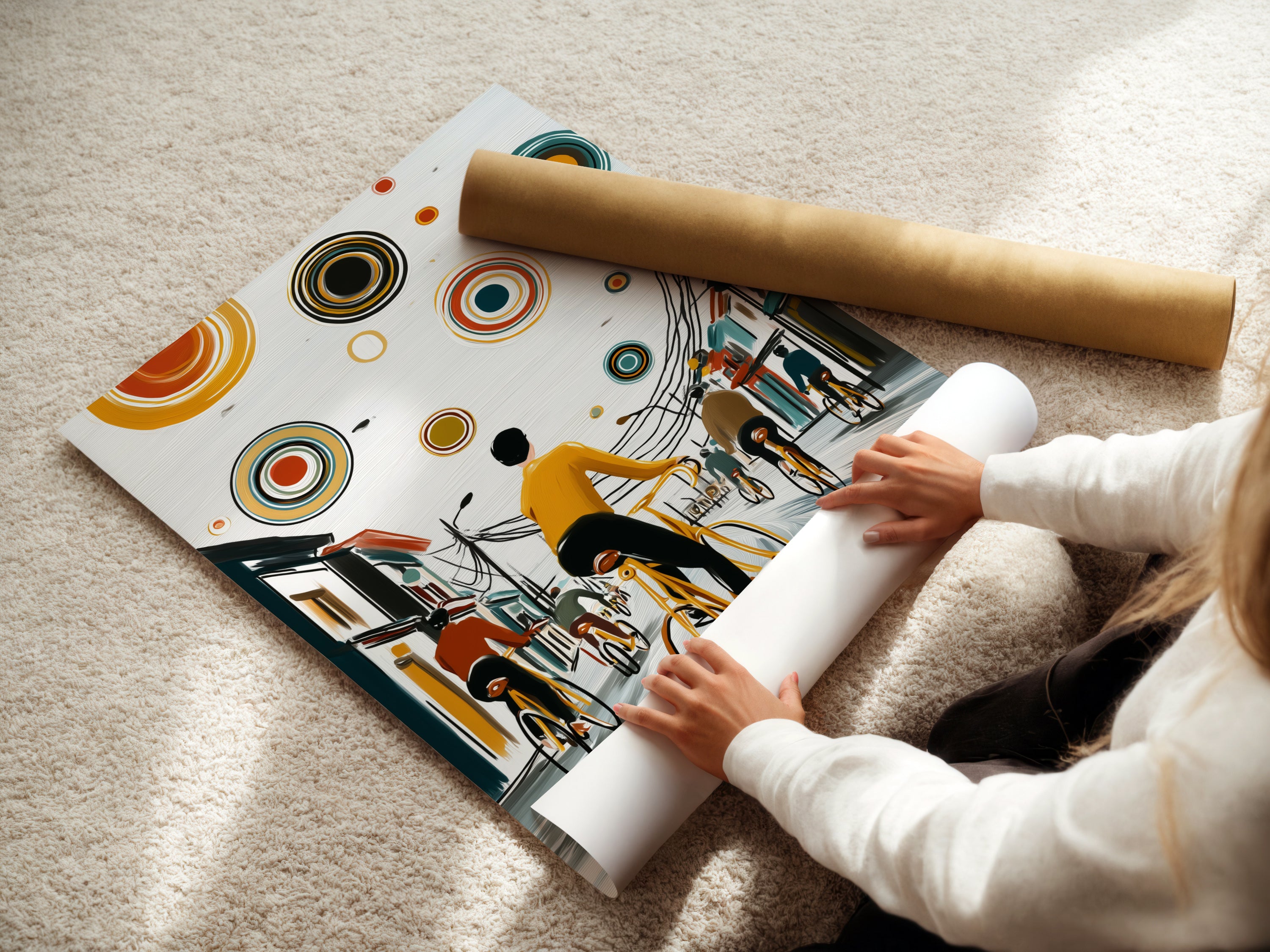A woman carefully rolls a fine art poster paper. The paper features the City Cyclists artwork. This allows for safe and easy handling. Perfect for framing or displaying as is. Ideal for art enthusiasts.