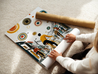 A woman carefully rolls a fine art poster paper. The paper features the City Cyclists artwork. This allows for safe and easy handling. Perfect for framing or displaying as is. Ideal for art enthusiasts.