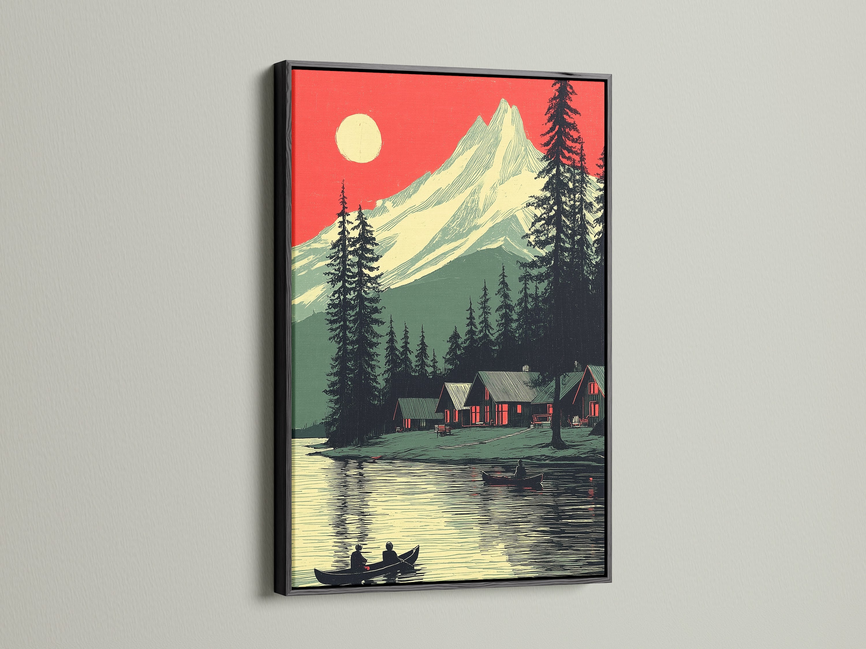 This mountain lake artwork is presented in a sleek black frame. The artwork features a rustic cabin scene with mountains and a lake. The black frame adds a modern touch to the vintage artwork. An eye-catching addition to any living space. Explore the beauty of nature.