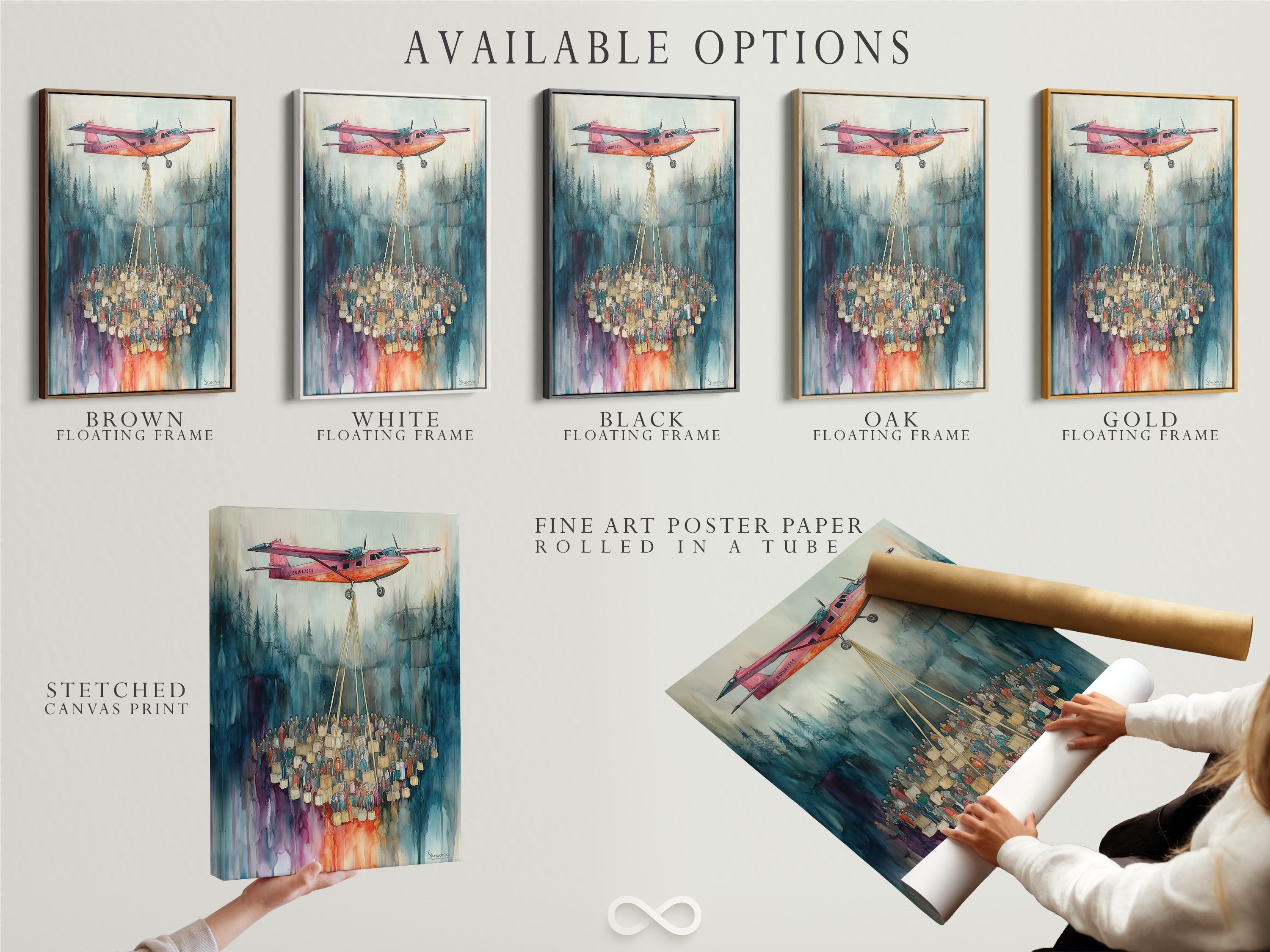 Available artwork options on display. Options include a stretched canvas print a fine art poster paper and a floating frame. The watercolor airplane artwork features a pink airplane and a crowd of people. Pick the artwork that suits your style.