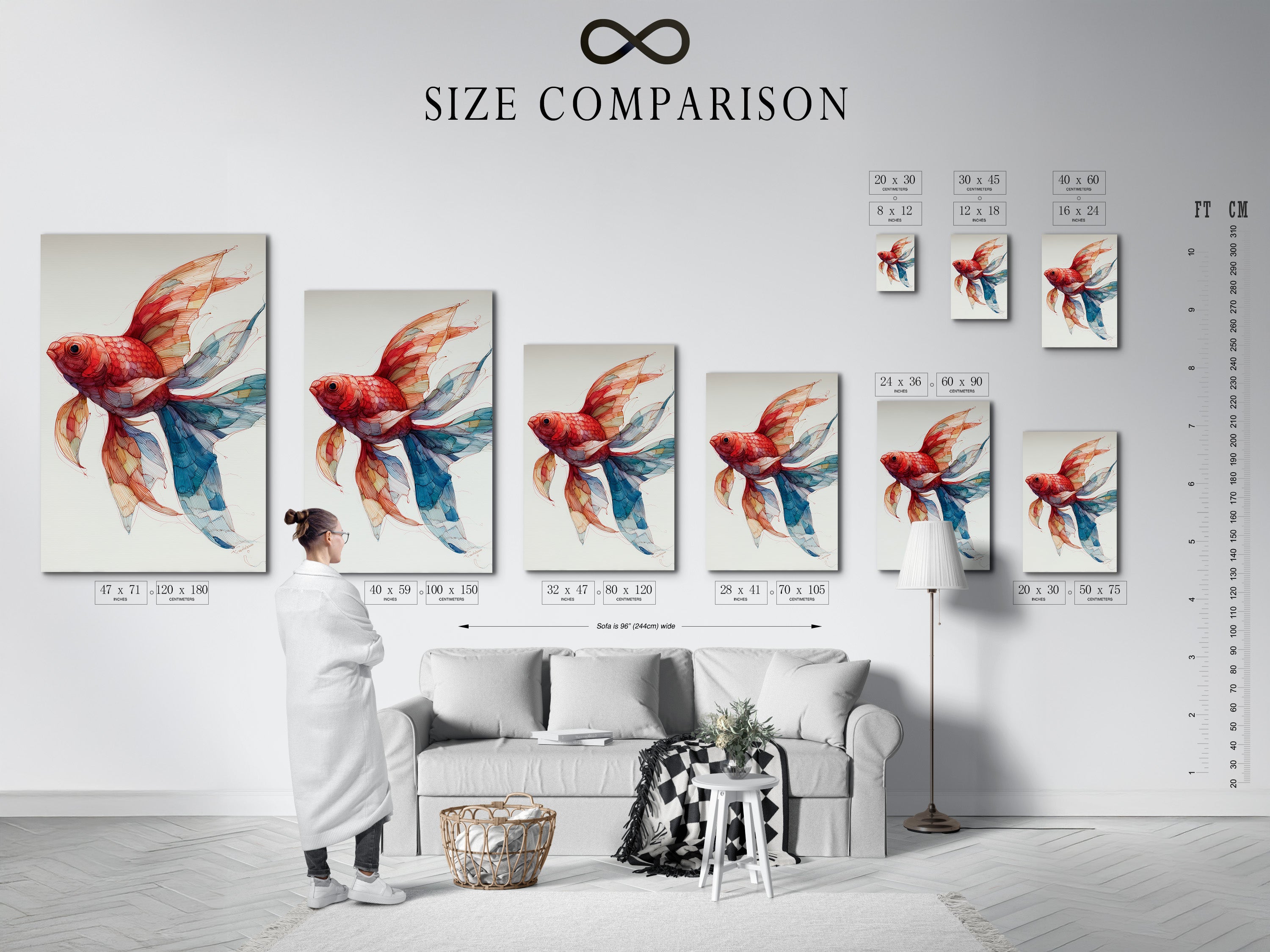 A size comparison chart is displayed in a stylish interior. The chart helps visualize artwork dimensions. This helps you choose the perfect size for your space. The interior setting provides context and inspiration. It can help you envision the art in your home. Find the ideal size to complement your decor. Explore our size chart and discover the perfect fit. It is a great way to showcase your personal style.