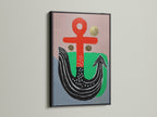 Abstract Anchor Canvas Print with a black frame. This artwork combines an anchor motif with abstract elements. Its bold red and green colors make a statement. This modern wall art is suitable for office spaces or nautical-themed rooms.