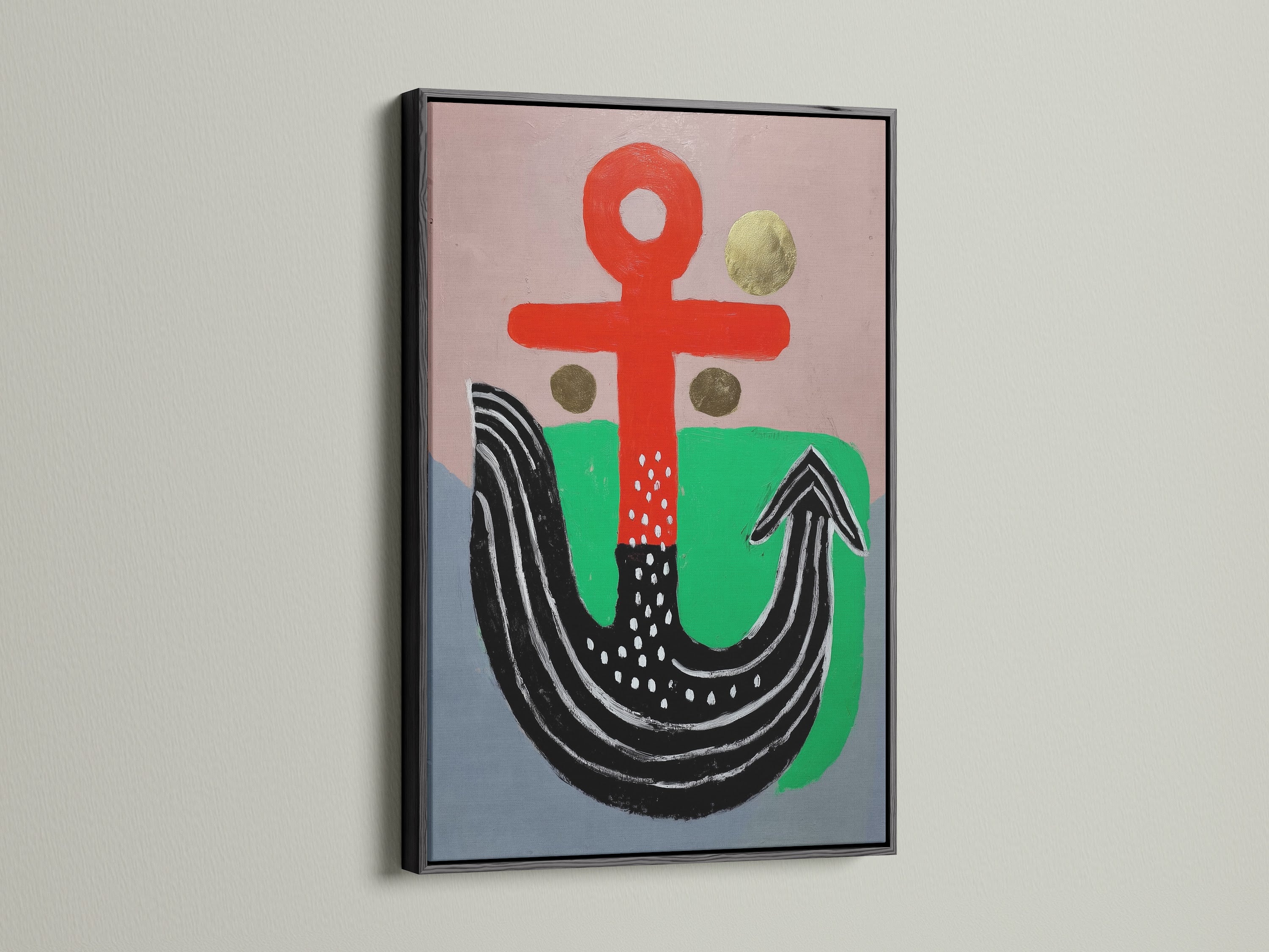 Abstract Anchor Canvas Print with a black frame. This artwork combines an anchor motif with abstract elements. Its bold red and green colors make a statement. This modern wall art is suitable for office spaces or nautical-themed rooms.