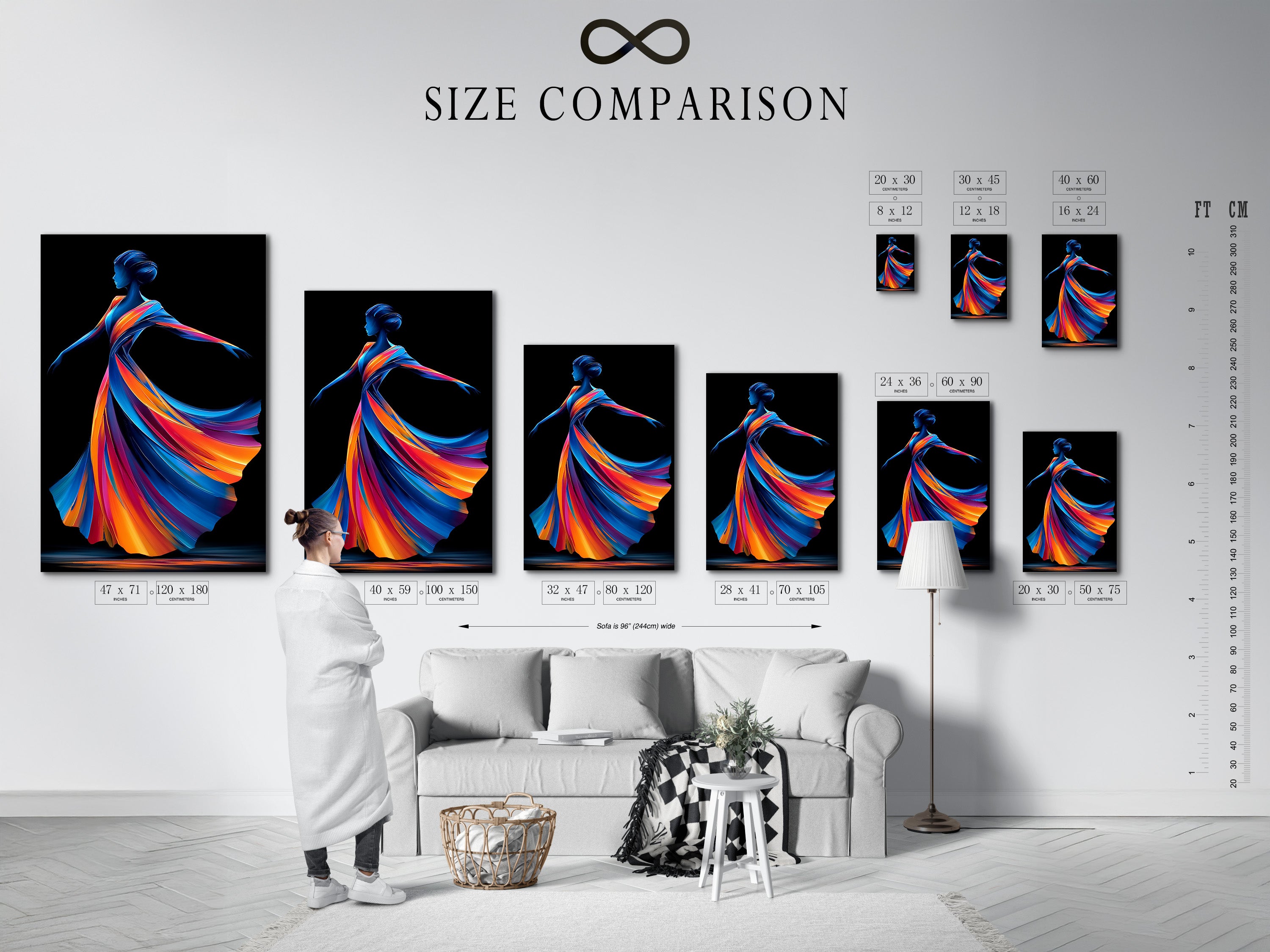 A size comparison chart is showcased in an interior setting. See how the Dancing Woman artwork fits in your space. Various sizes are available for this modern canvas print. Perfect for living rooms and bedrooms. Find the ideal fit.