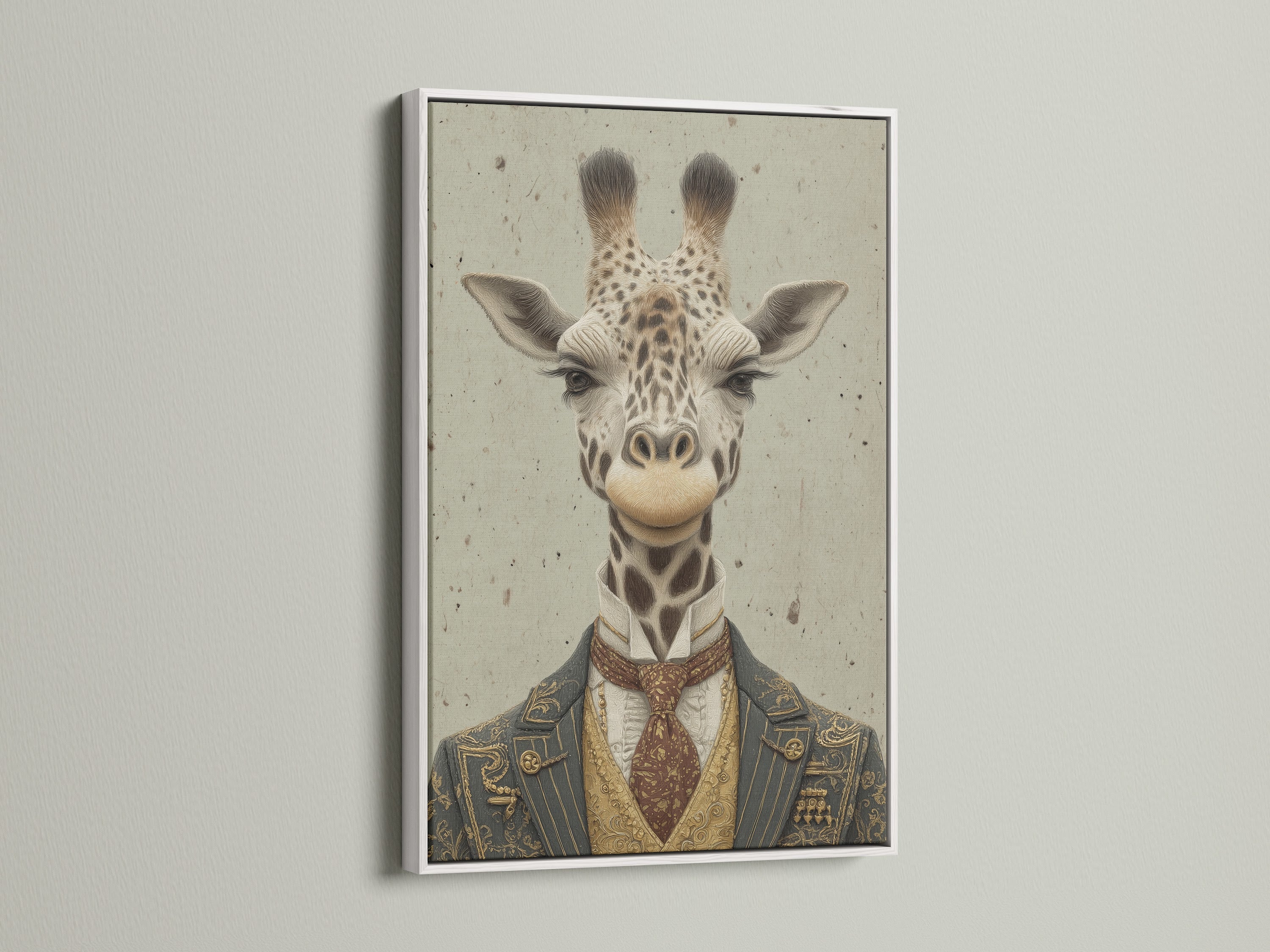 A white frame showcases a vintage gentleman giraffe artwork. This whimsical wall art brings a unique charm. It's suitable for studies or home offices. Discover the dapper animal art within this Victorian-style piece.