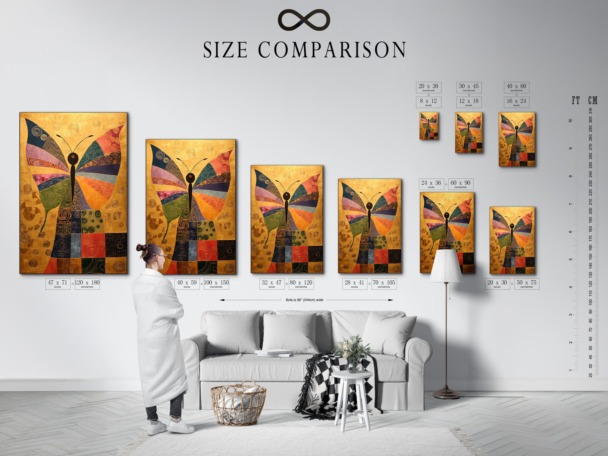 The image displays a size comparison chart in an interior. It helps visualize artwork dimensions. It provides accurate size references. It aids in choosing the perfect piece for your space.