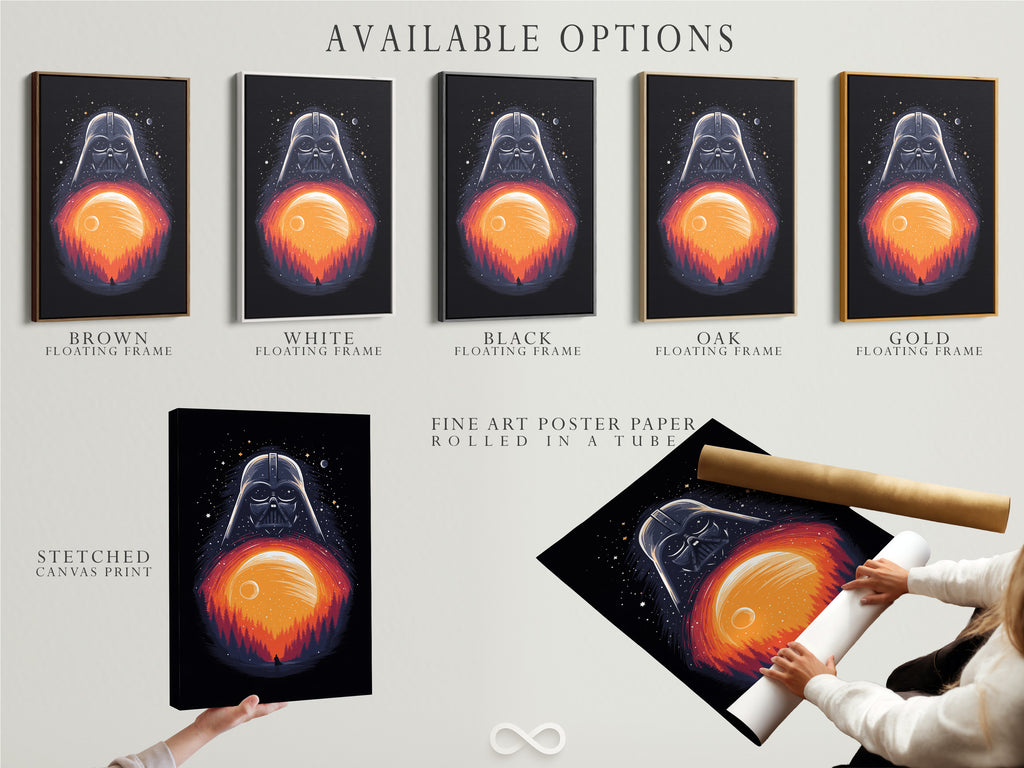 Explore available options for Darth Vader artwork. Choose between a stretched canvas print. You can also select fine art poster paper or a floating frame. Customize your sci-fi movie wall art today. Elevate your geek decor.