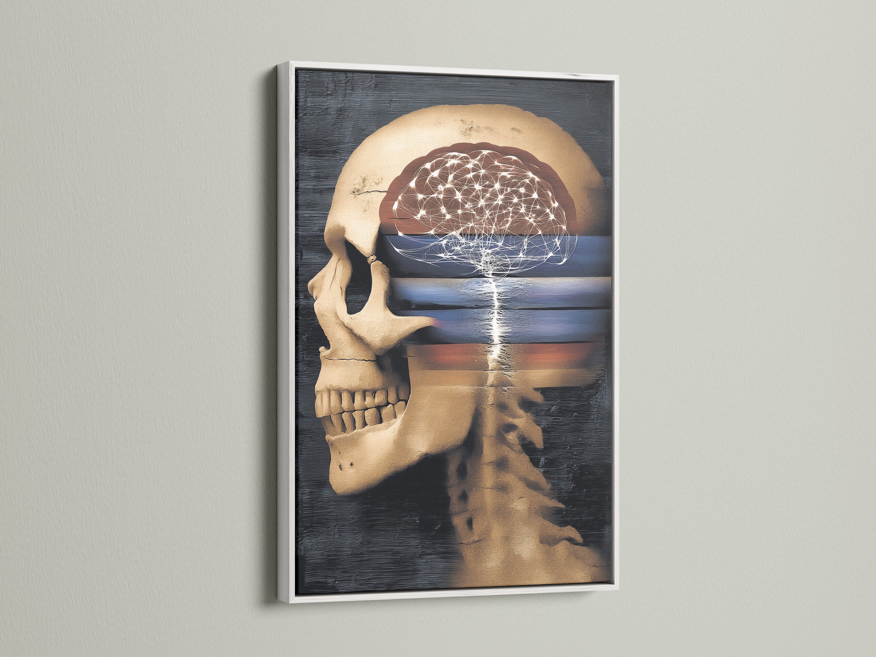 This is a white framed surreal skull art print. It is anatomical wall art featuring a brain canvas print. It is suitable for hospitals clinics and offices. It makes for unconventional home decor. Explore this gothic medical poster and science wall art.