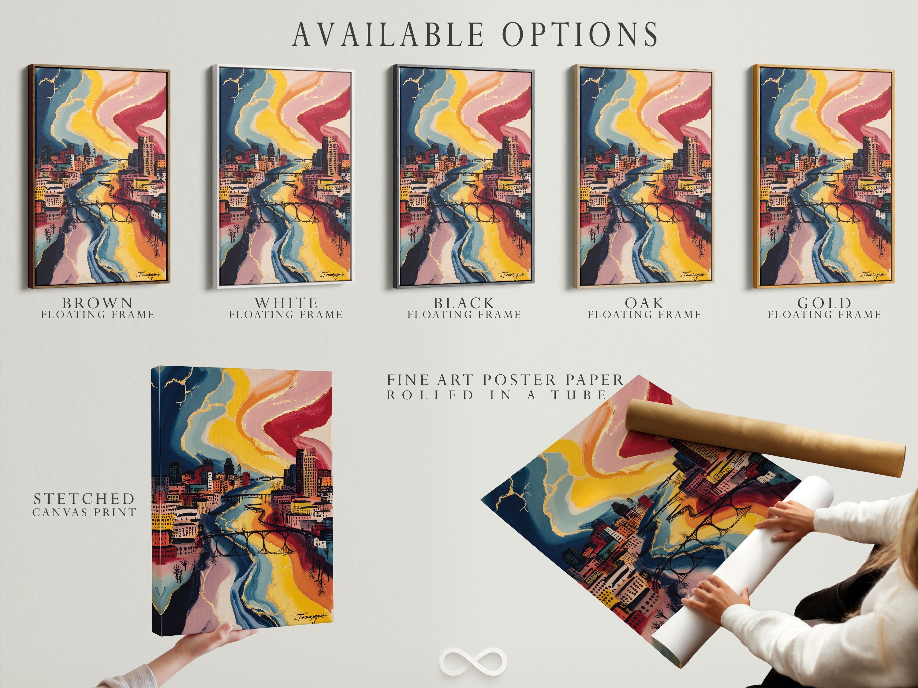 Explore our available options for cityscape artwork. Choose from stretched canvas prints fine art poster paper or floating frames. Customize your modern artwork to fit your style. Discover the perfect format for your urban canvas print and elevate your space.