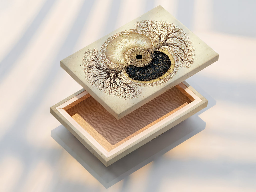 Stretched canvas print. The canvas print is stretched perfectly. It is ready to hang. The artwork features a tree and eye artwork. The colors are vibrant. The canvas texture enhances the art. It brings art to life. The art is perfect for any space.