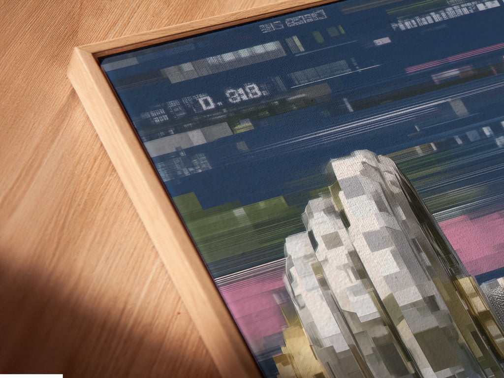 Angled close-up of a Digital Glitch Dumbbell art canvas print in a floating frame. This artwork is a cyberpunk fitness wall art. The floating frame adds a modern touch to this piece.