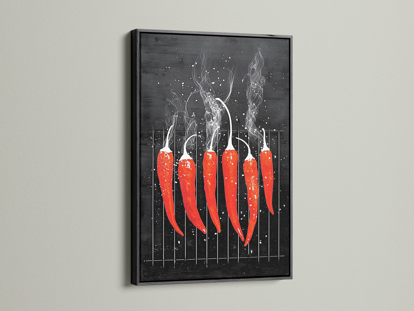 A red hot chili pepper artwork is framed in black. The art is displayed on a clean white wall. The artwork adds a bold and modern touch to culinary spaces. Perfect as restaurant art or spicy food decor. It is ideal for those seeking minimalist artwork.