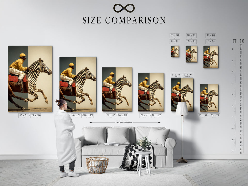 A size comparison chart displayed in an interior setting. This chart helps visualize artwork dimensions. Choose the perfect size artwork for your space. Ensure the ideal fit with our comprehensive size guide.