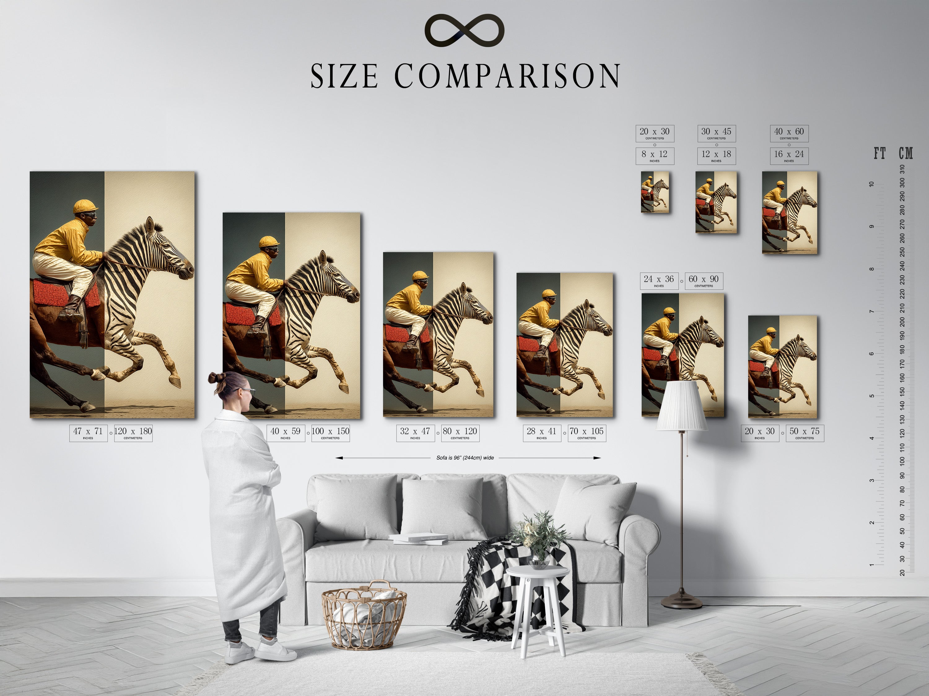 A size comparison chart displayed in an interior setting. This chart helps visualize artwork dimensions. Choose the perfect size artwork for your space. Ensure the ideal fit with our comprehensive size guide.