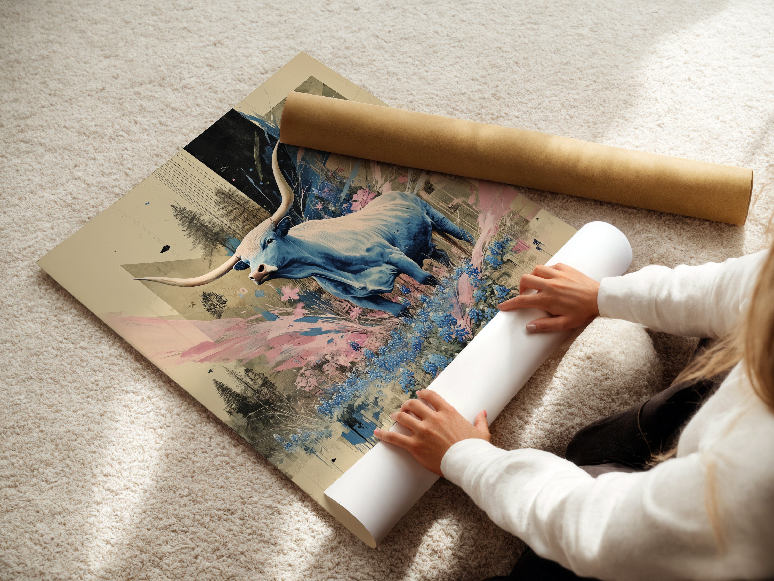 A woman is carefully rolling a fine art poster paper. The paper features contemporary animal artwork. The blue abstract wildlife scene is beautifully printed. Ideal for creating stunning wall decor for any modern space. This fine art poster is perfect for art enthusiasts.