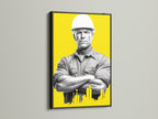 Construction Worker artwork with a black frame. This construction art or architect print is an engineer gift. It is modern canvas art that can be used as yellow wall art. Perfect for office wall decor. This worker artwork is building art or architecture art.