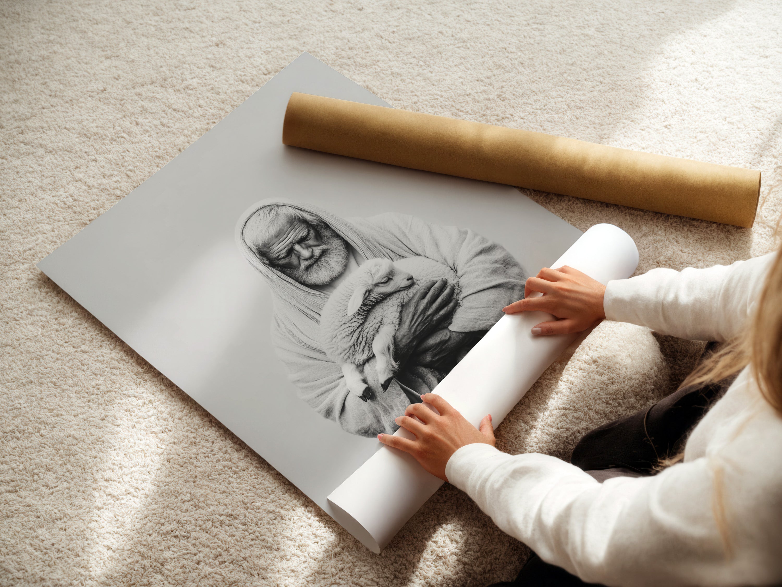 A woman is carefully rolling a fine art poster paper. The paper looks smooth and high-quality. She handles the artwork with care. The fine art poster paper is ready for framing or display. This paper ensures the artwork looks its best.