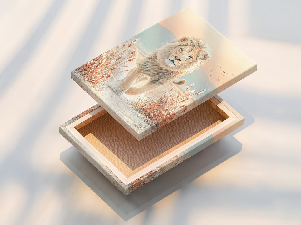 Stretched canvas print of the lion artwork. The canvas is stretched and ready to hang. The wildlife print and neutral tones create a stunning visual effect. Ideal for living room wall art or bedroom decor. The animal canvas is a great addition to any modern home.