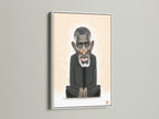 A white frame holds a caricature art piece. It's a modern minimalist artwork. The black man portrait adds character to any room. It is perfect for minimalist decor and office wall art.