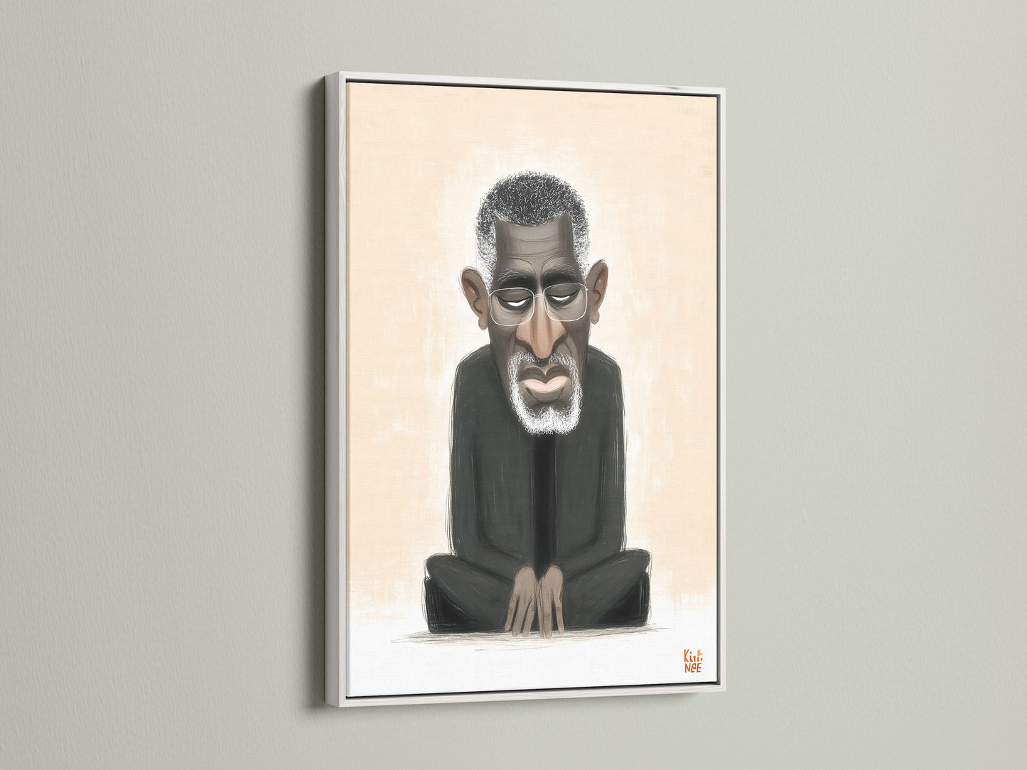 A white frame holds a caricature art piece. It's a modern minimalist artwork. The black man portrait adds character to any room. It is perfect for minimalist decor and office wall art.