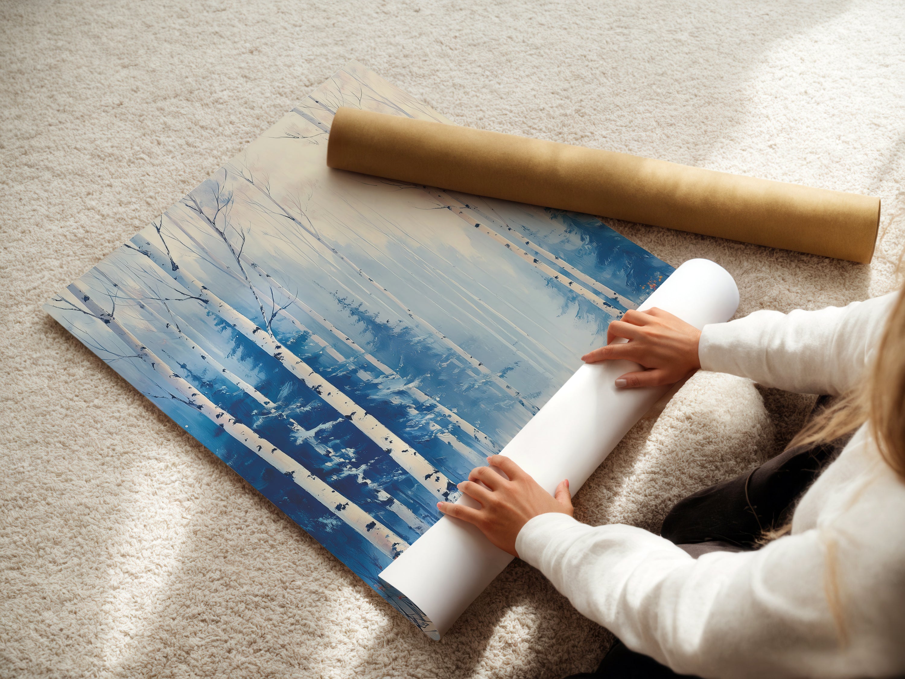 A woman is carefully rolling a fine art poster paper print. The Winter Forest artwork is ready to be displayed. This print captures the serene beauty of a snowy birch tree landscape. Perfect for adding a calming touch to your home.