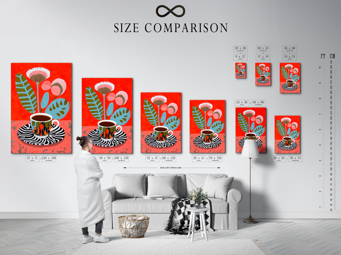 Size comparison chart in an interior setting displaying a Coffee Cup Canvas Print. The floral botanical wall art is shown in various sizes. Plan your modern still life artwork display. Ideal for coffee bars.