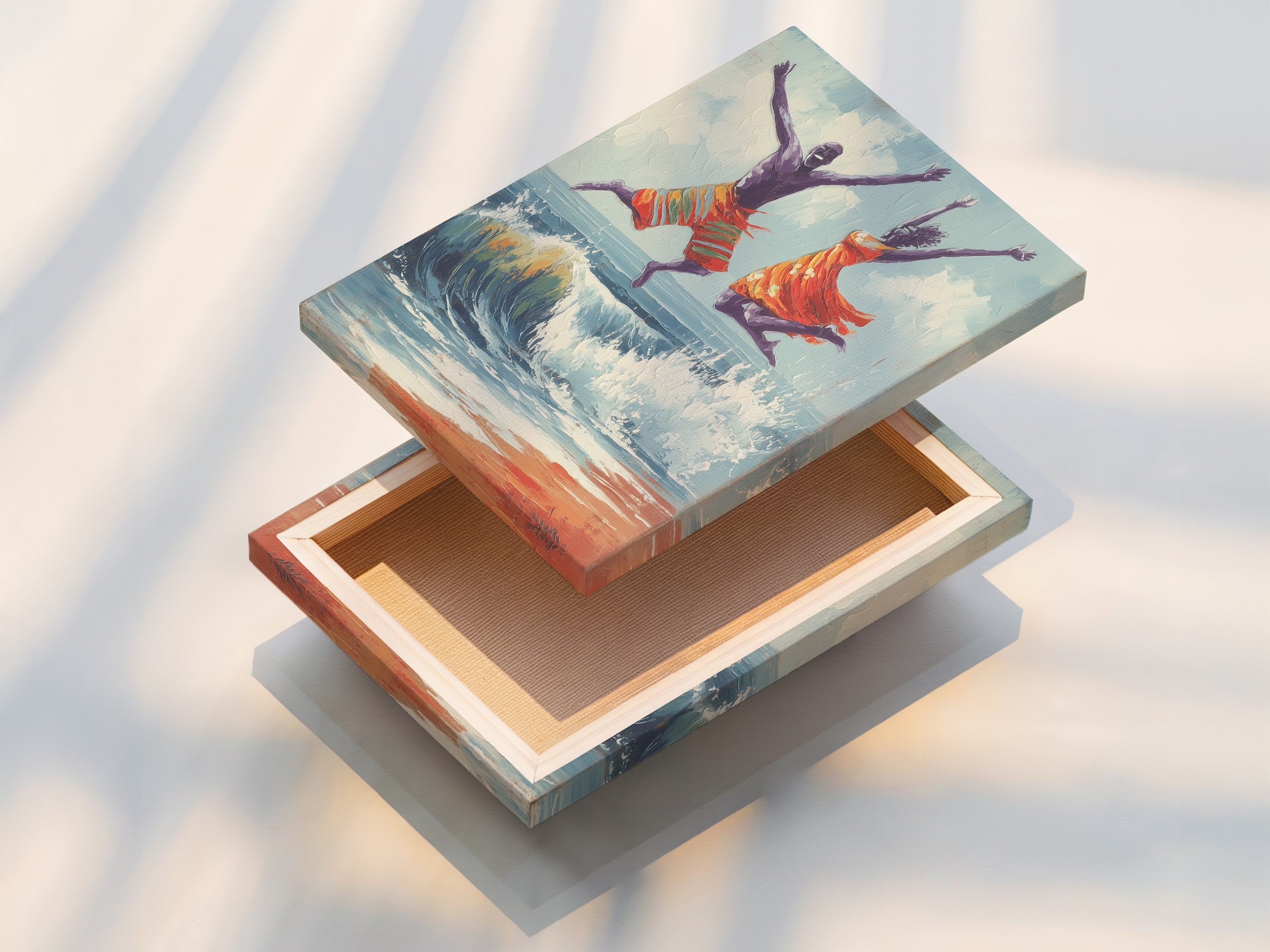 A stretched canvas print of a joyful seascape. This artwork depicts a man and women jumping over a wave on the beach. Stretched canvas prints are ready to hang. Get this coastal decor for your spa