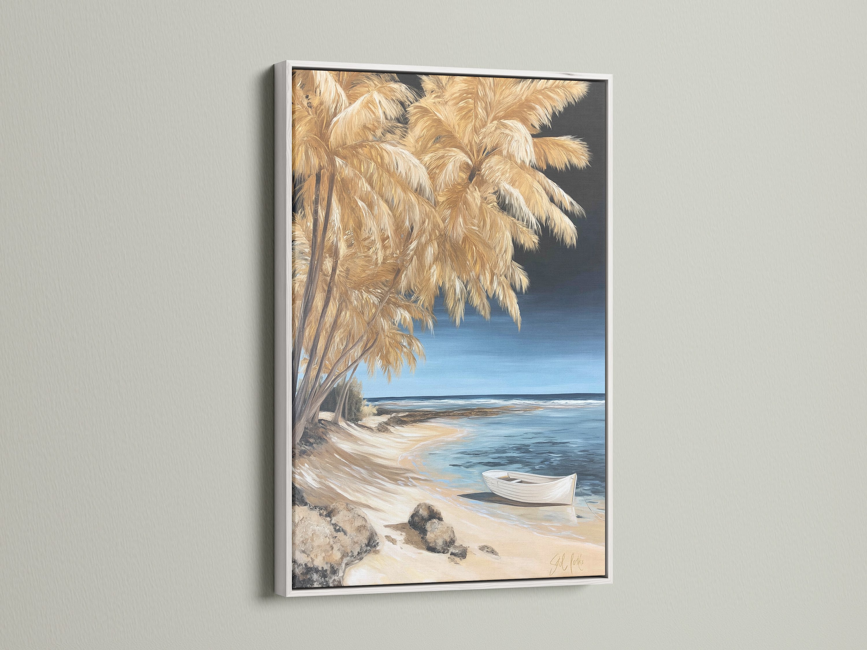 Coastal beach canvas artwork in a white frame. This seascape artwork adds a light touch to your home. The white frame complements coastal home decor beautifully.