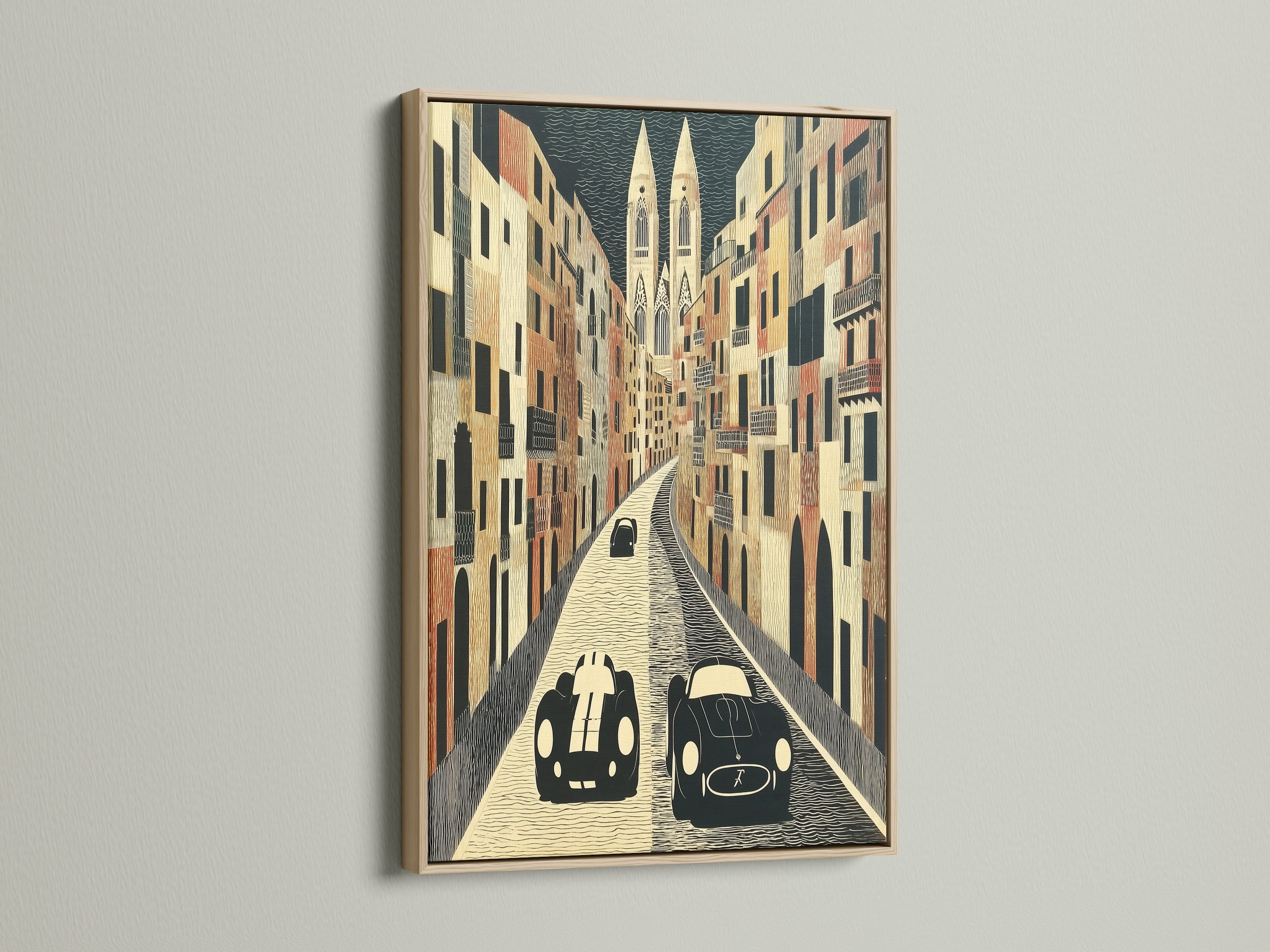 Vintage car artwork displayed in an oak frame. This European street art print adds character to any room. Ideal classic automobile wall decor for a study room or coffee shop. The oak frame enhances this retro car poster. It is stylish vintage decor.
