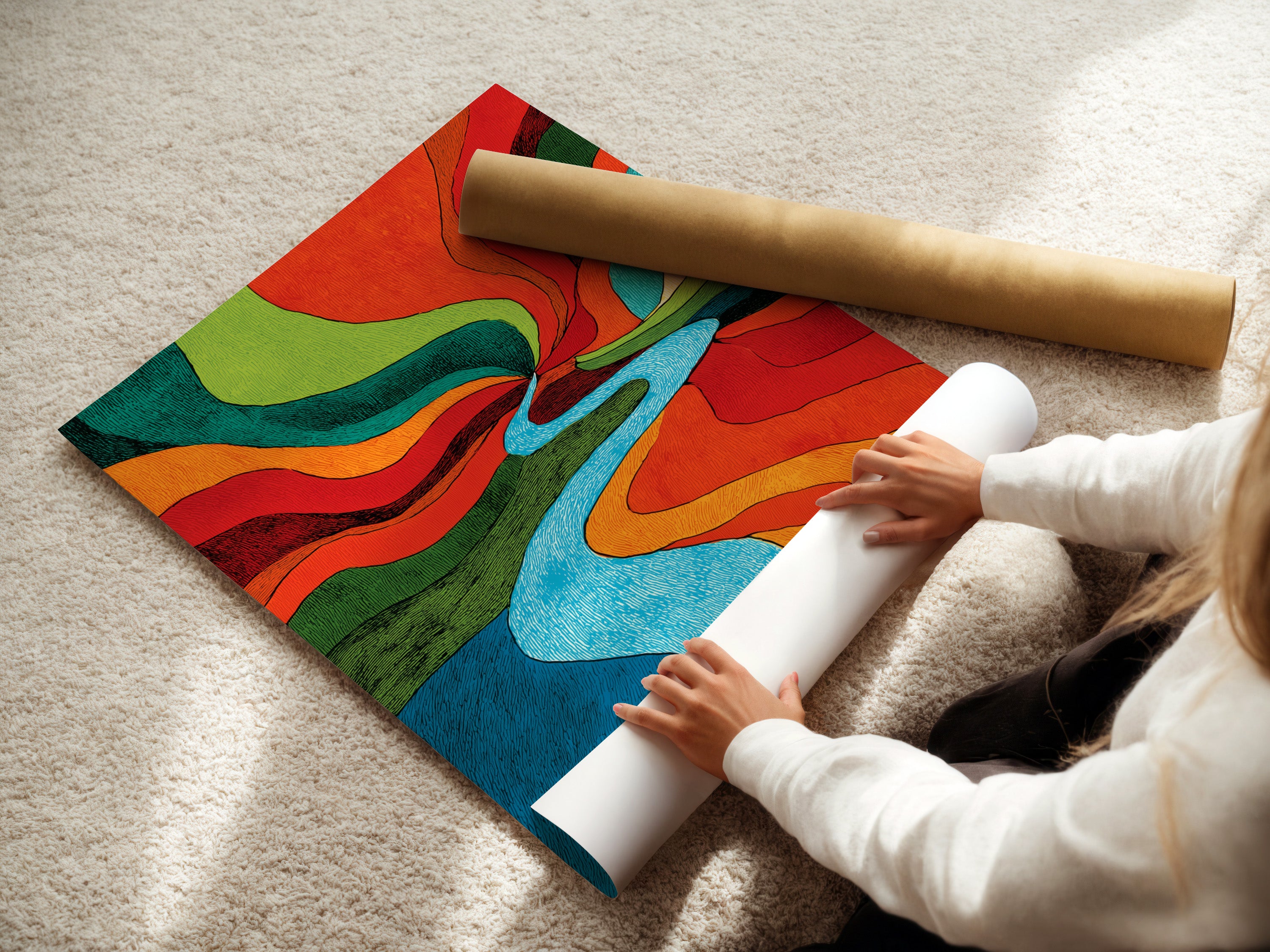 A woman is carefully rolling a fine art poster paper. Ensuring its pristine condition. High-quality fine art paper enhances the artwork. Explore our premium fine art poster options today for exceptional quality.