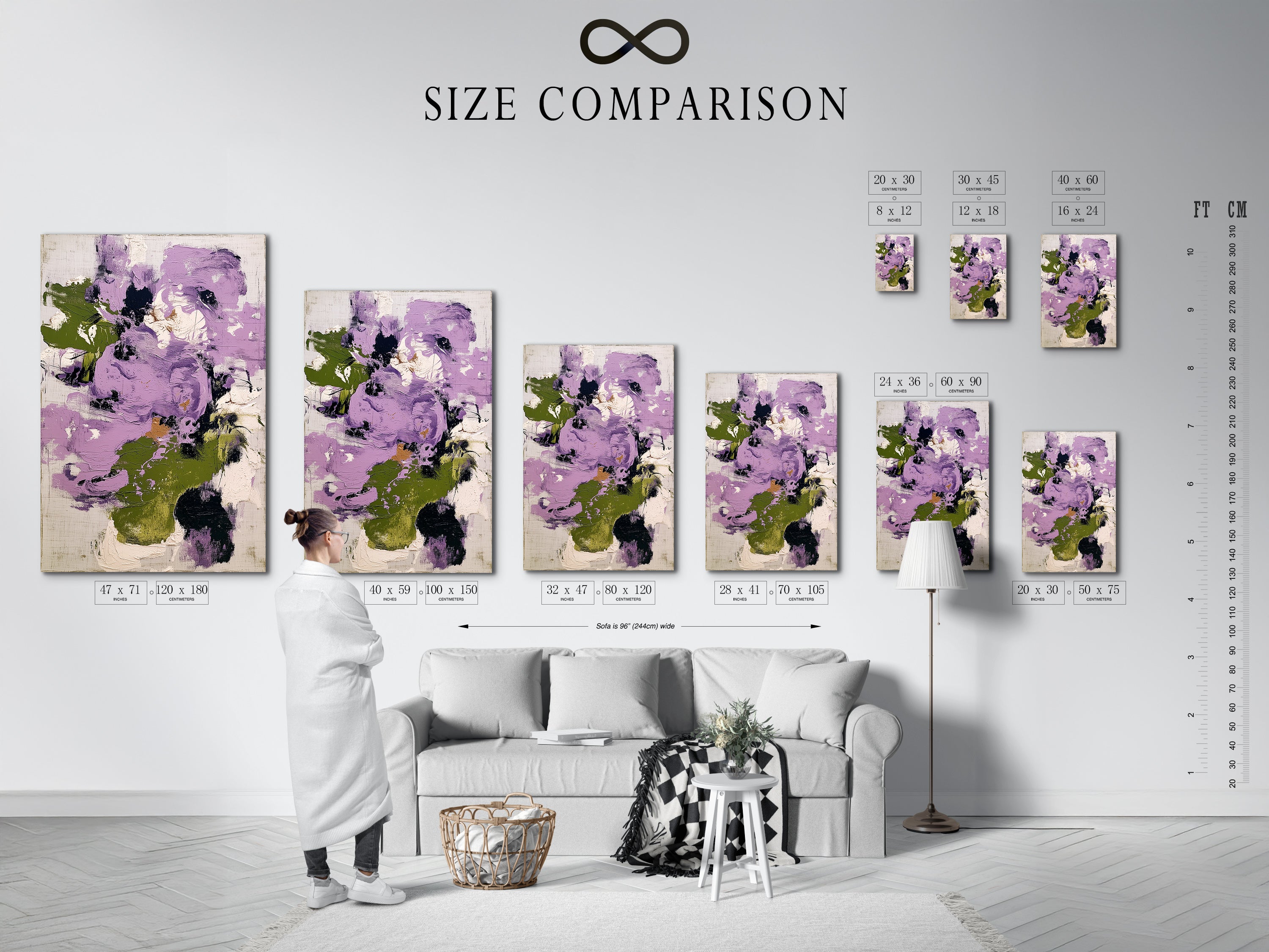 A size comparison chart displayed in an interior setting. The chart showcases various sizes of abstract floral artwork available as stretched canvas prints fine art poster papers and floating frames. Find the perfect size to complement your wall decor and space.