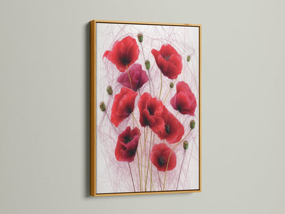 This photo shows the red poppy decor in a gold frame. The gold frame adds a touch of luxury. This flower canvas print is a statement piece. Perfect for those seeking elegant and sophisticated floral bedroom decor.